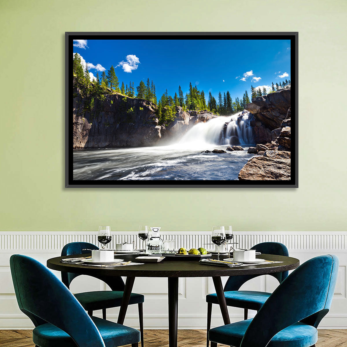 Misty Blue Waterfall Wall Art in a room, landscape