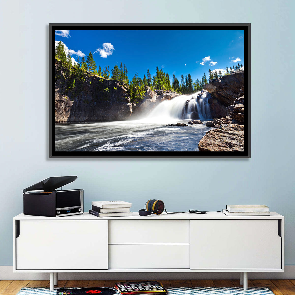 Misty Blue Waterfall Wall Art in a room, landscape