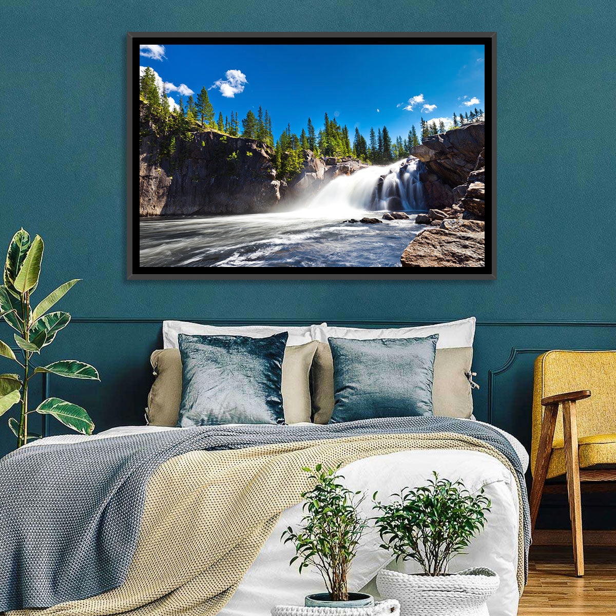 Misty Blue Waterfall Wall Art in a room, landscape