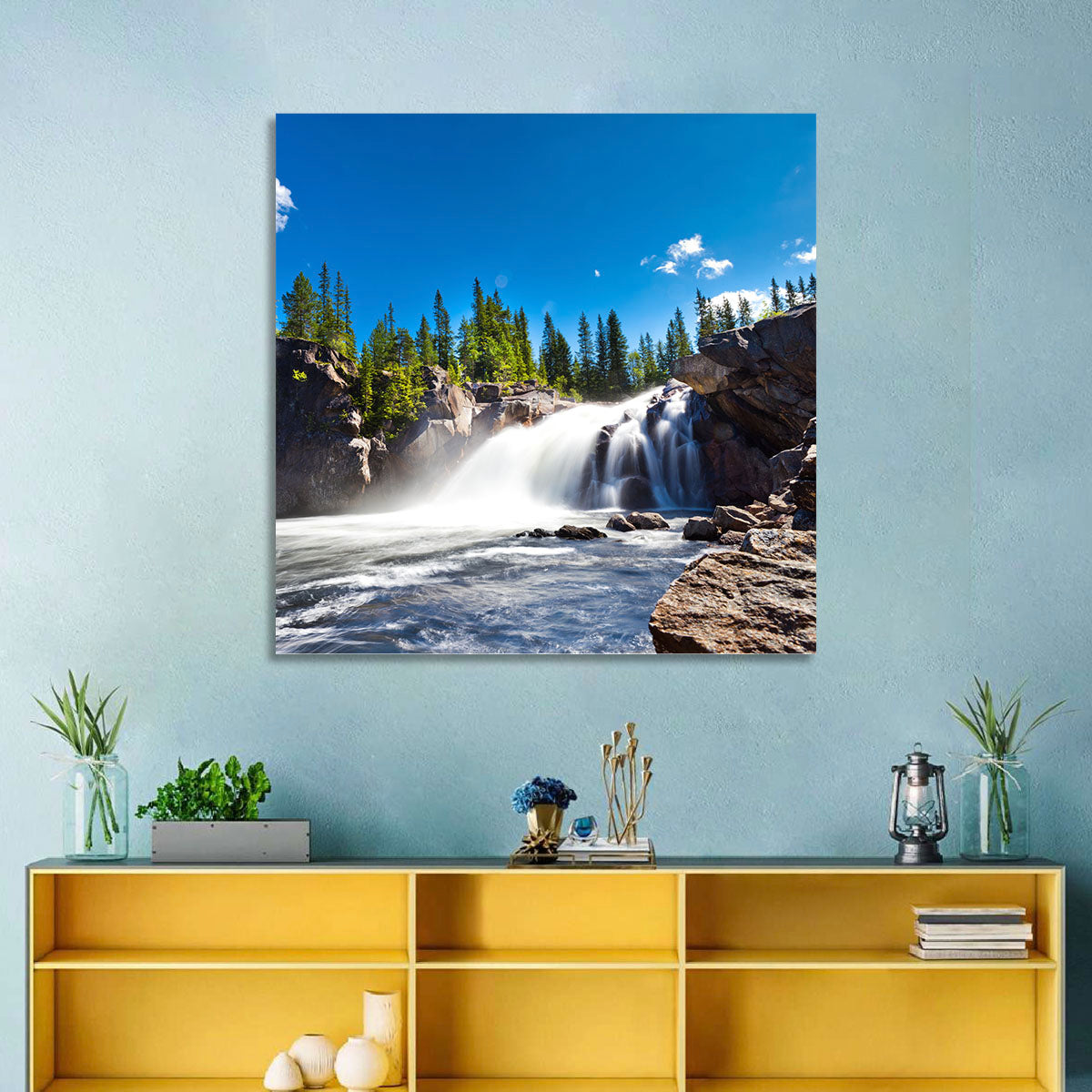 Misty Blue Waterfall Wall Art in a room, landscape