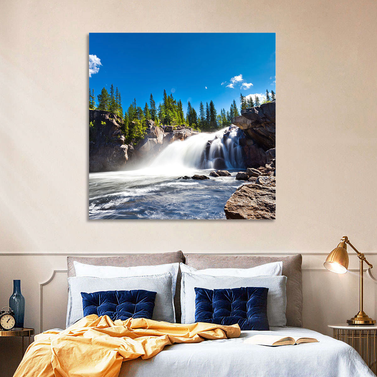Misty Blue Waterfall Wall Art in a room, landscape