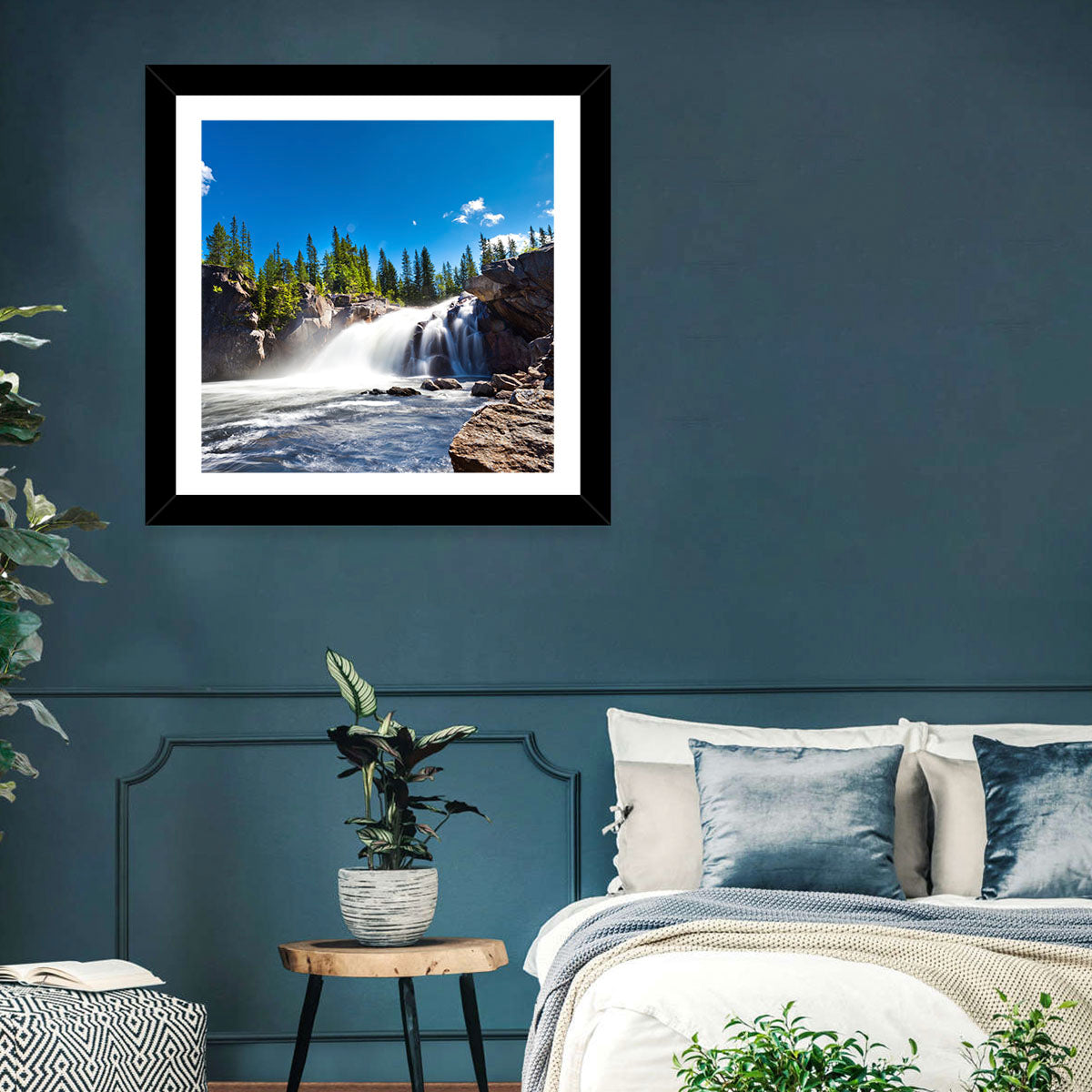 Misty Blue Waterfall Wall Art in a room, landscape