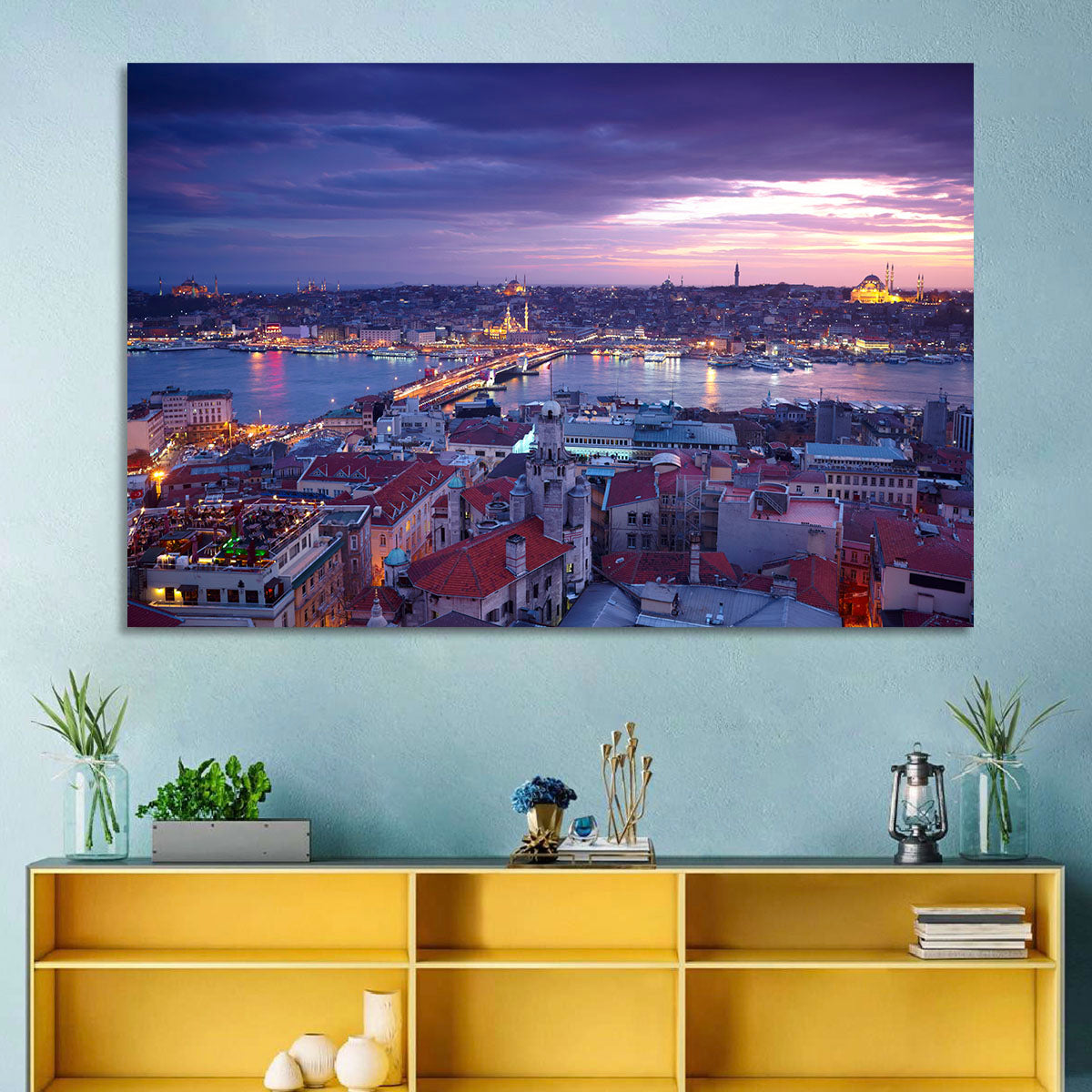 Istanbul Twilight Skyline Wall Art in a room, landscape