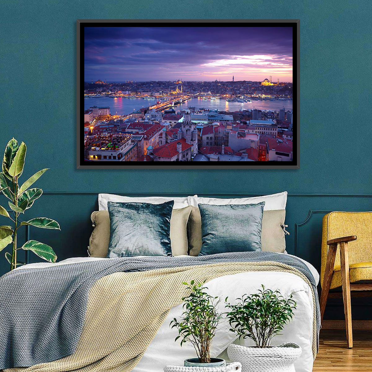 Istanbul Twilight Skyline Wall Art in a room, landscape