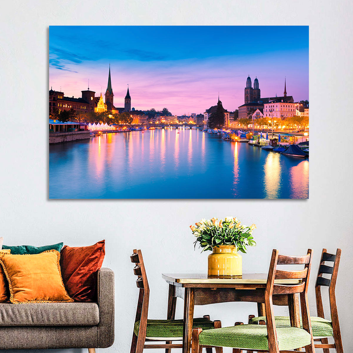 Zurich Blue Hour Over the Limmat Wall Art in a room, landscape