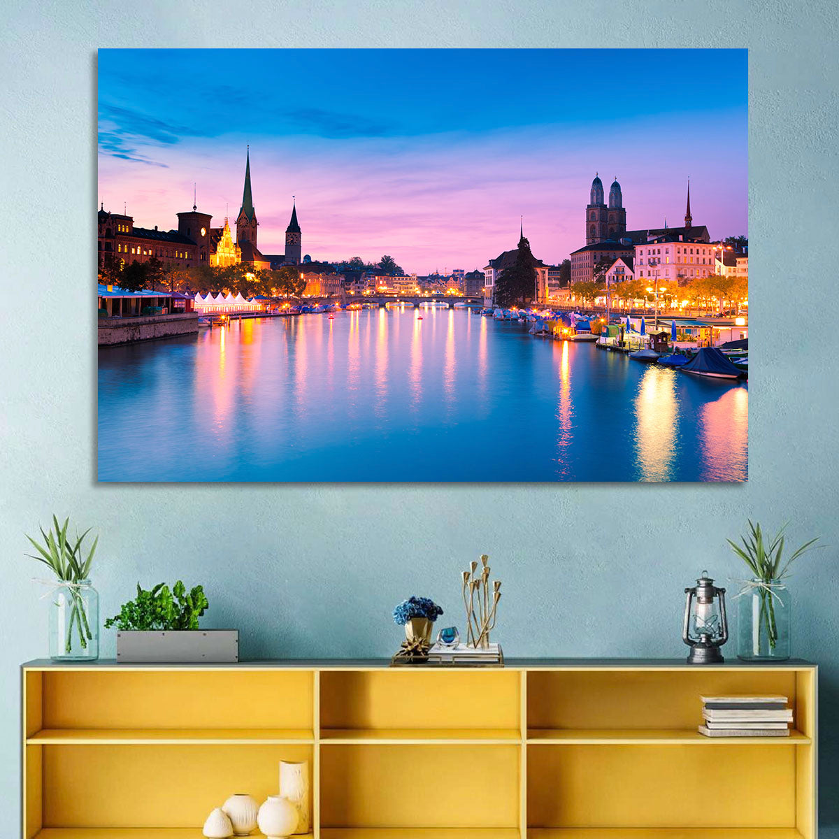 Zurich Blue Hour Over the Limmat Wall Art in a room, landscape