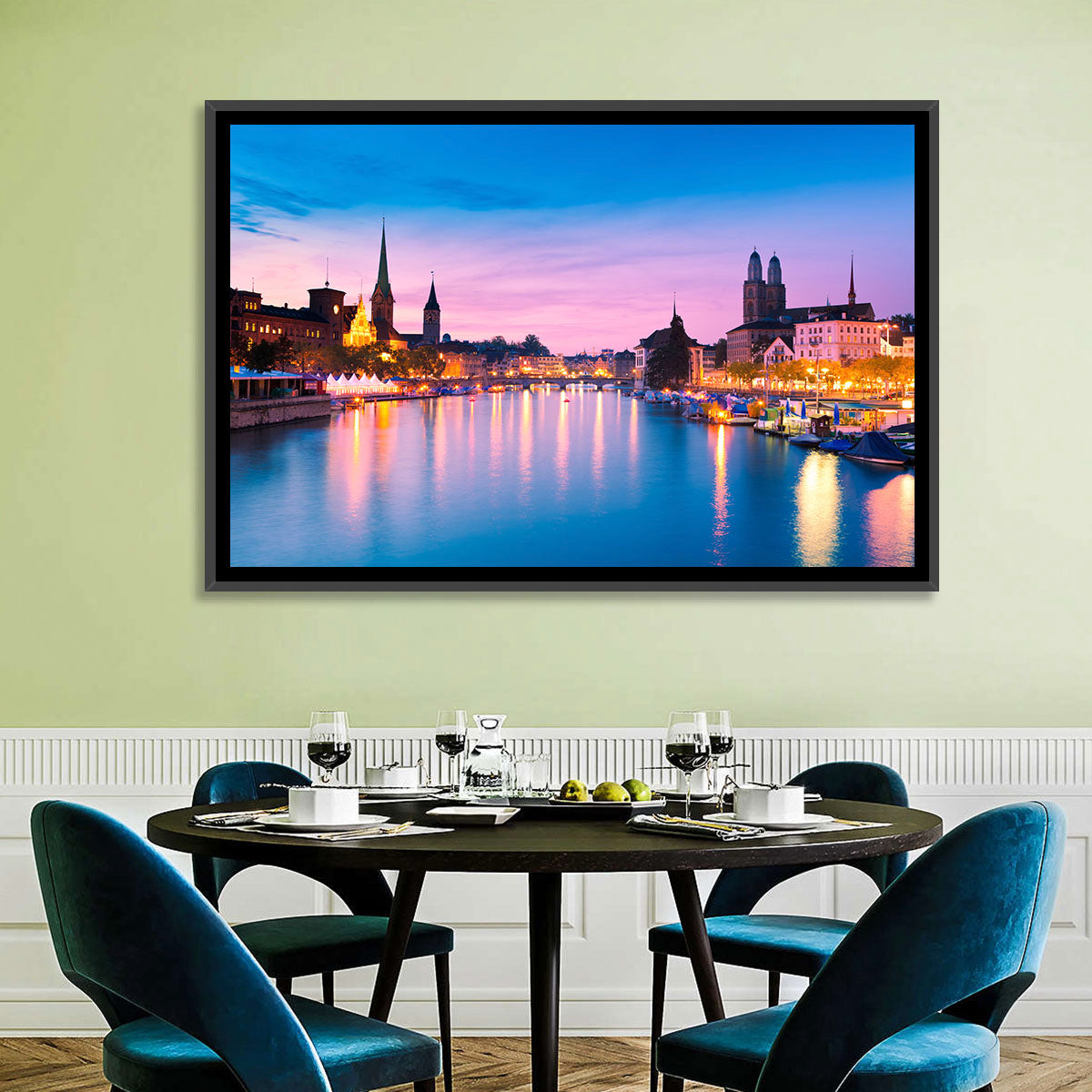 Zurich Blue Hour Over the Limmat Wall Art in a room, landscape