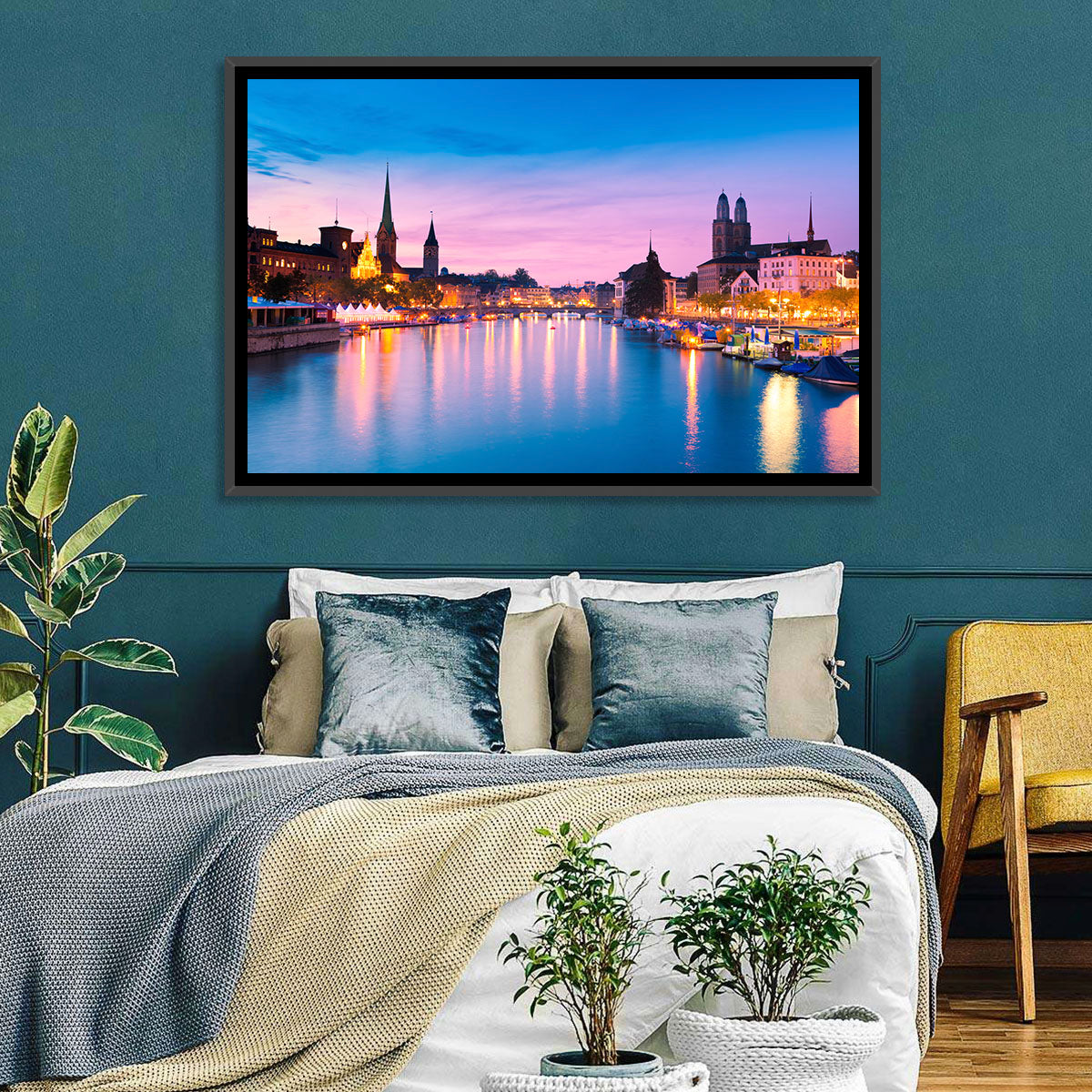 Zurich Blue Hour Over the Limmat Wall Art in a room, landscape
