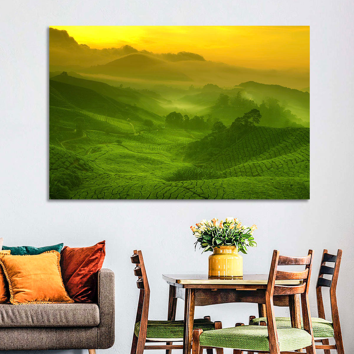 Sunlit Tea Plantation Hills Wall Art