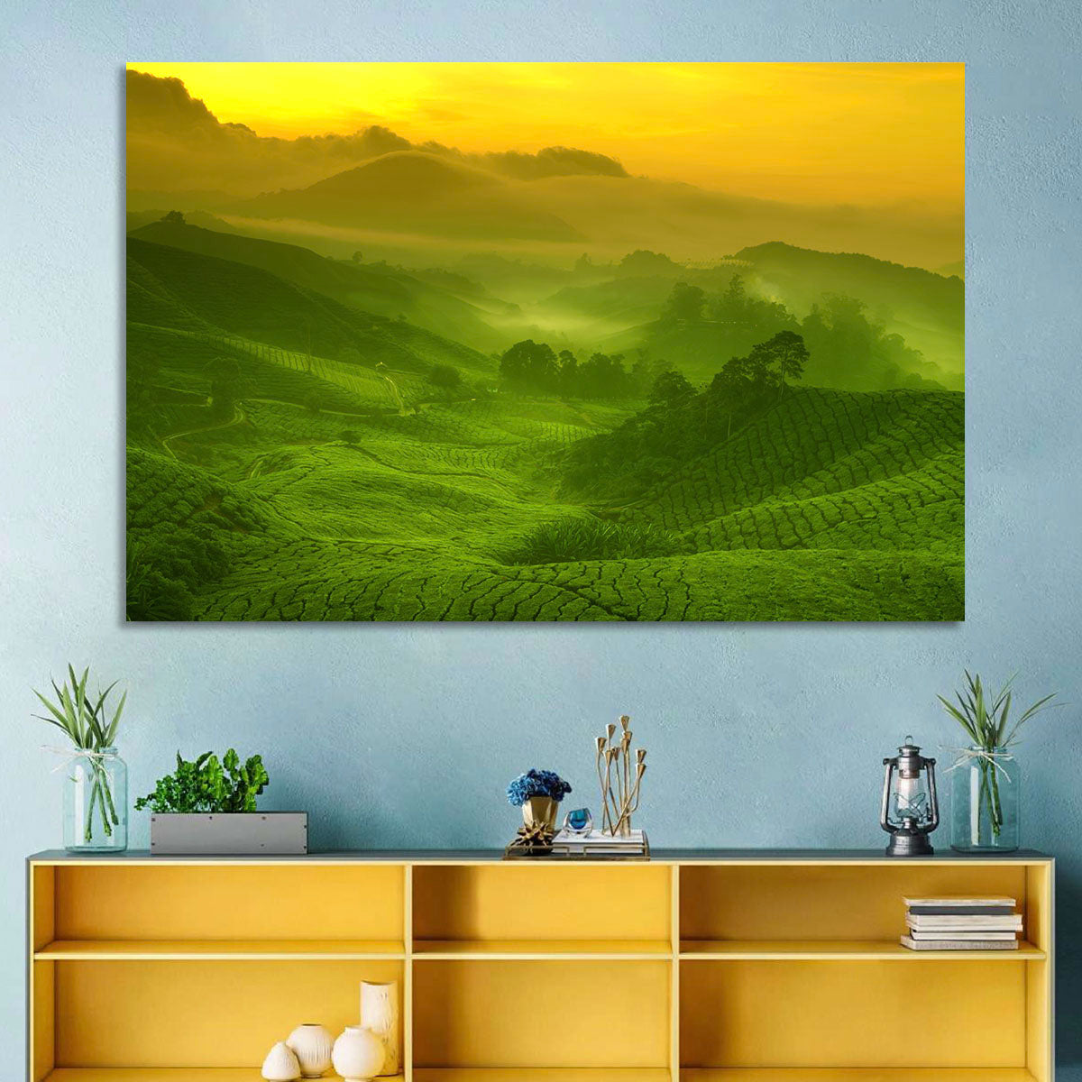 Sunlit Tea Plantation Hills Wall Art in a room, landscape