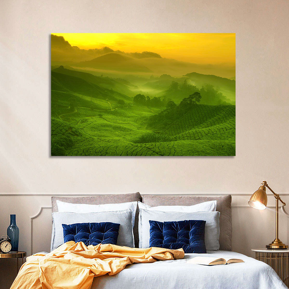 Sunlit Tea Plantation Hills Wall Art in a room, landscape