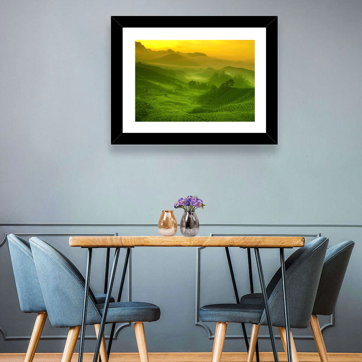 Sunlit Tea Plantation Hills Wall Art in a room, landscape