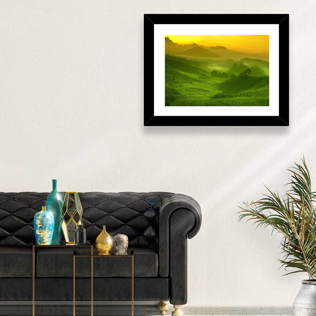 Sunlit Tea Plantation Hills Wall Art in a room, landscape