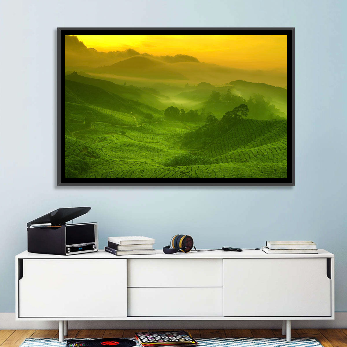 Sunlit Tea Plantation Hills Wall Art in a room, landscape