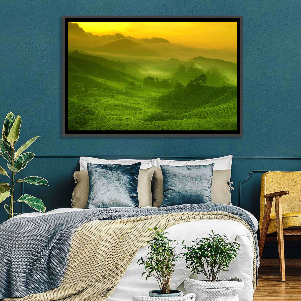 Sunlit Tea Plantation Hills Wall Art in a room, landscape