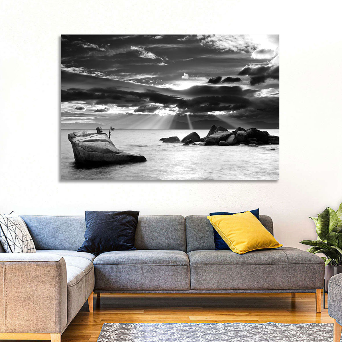 Bonsai Rock with Sunbeams Wall Art in a room, landscape