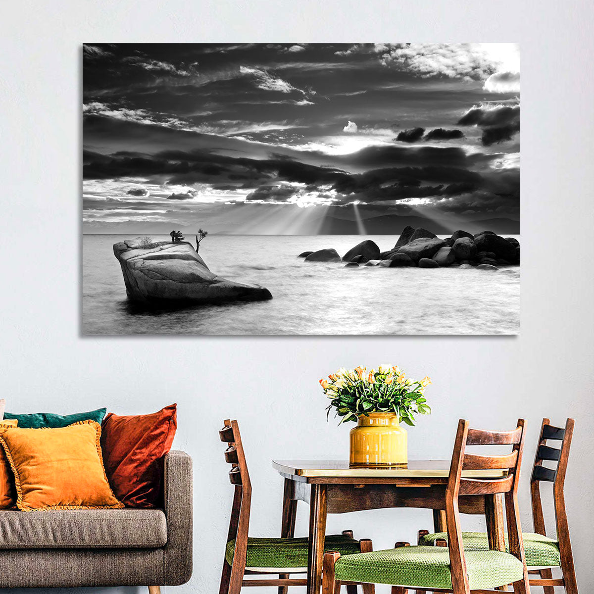 Bonsai Rock with Sunbeams Wall Art in a room, landscape