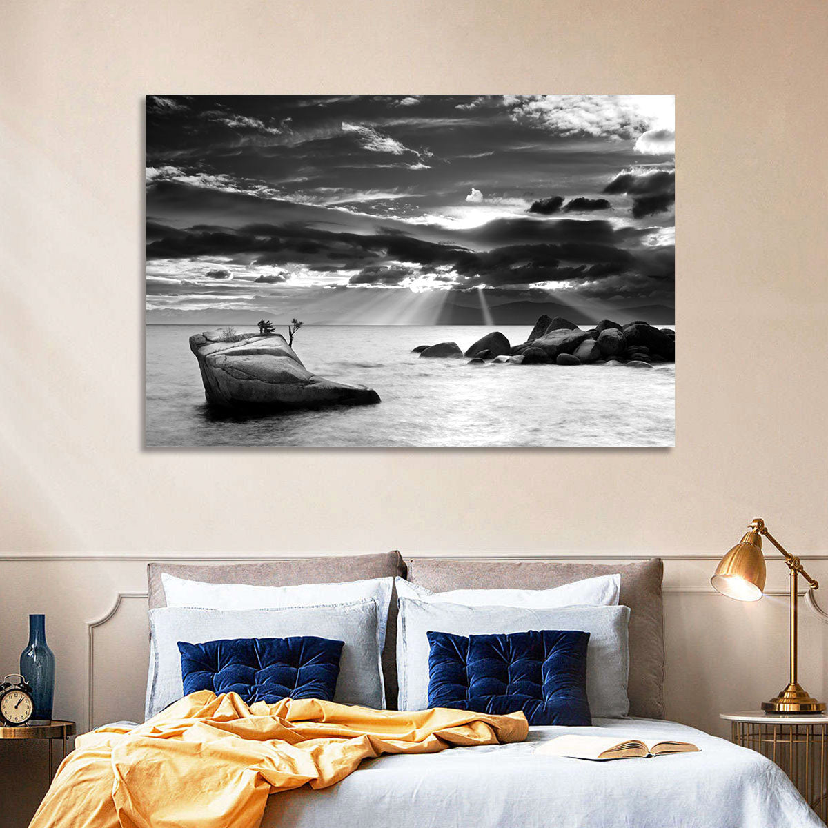 Bonsai Rock with Sunbeams Wall Art in a room, landscape