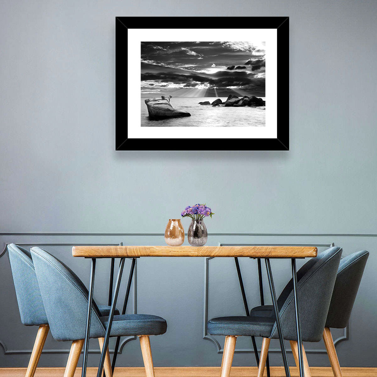 Bonsai Rock with Sunbeams Wall Art in a room, landscape