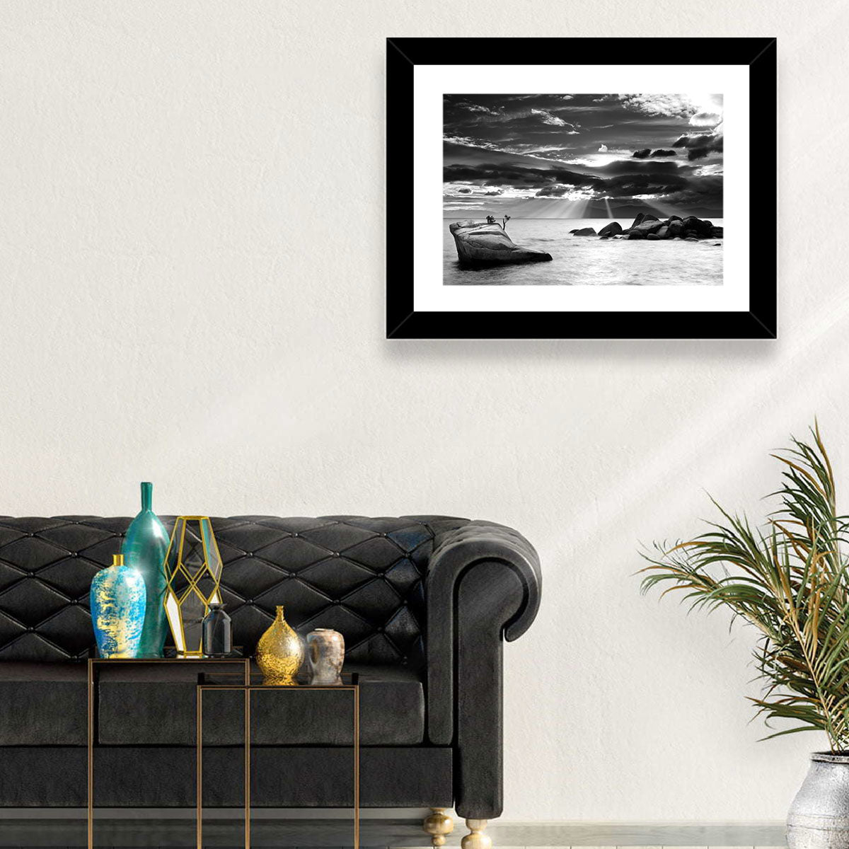 Bonsai Rock with Sunbeams Wall Art in a room, landscape