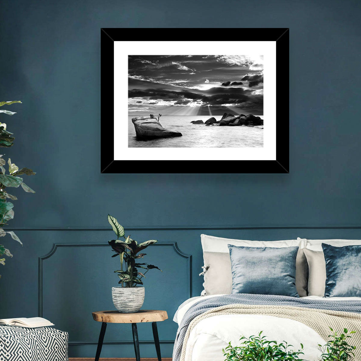 Bonsai Rock with Sunbeams Wall Art in a room, landscape