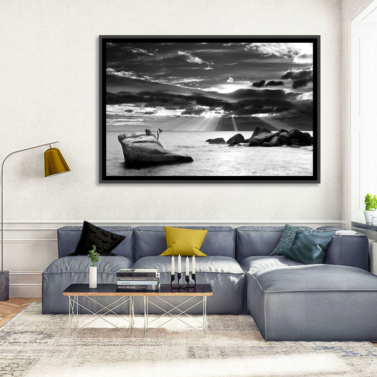 Bonsai Rock with Sunbeams Wall Art in a room, landscape