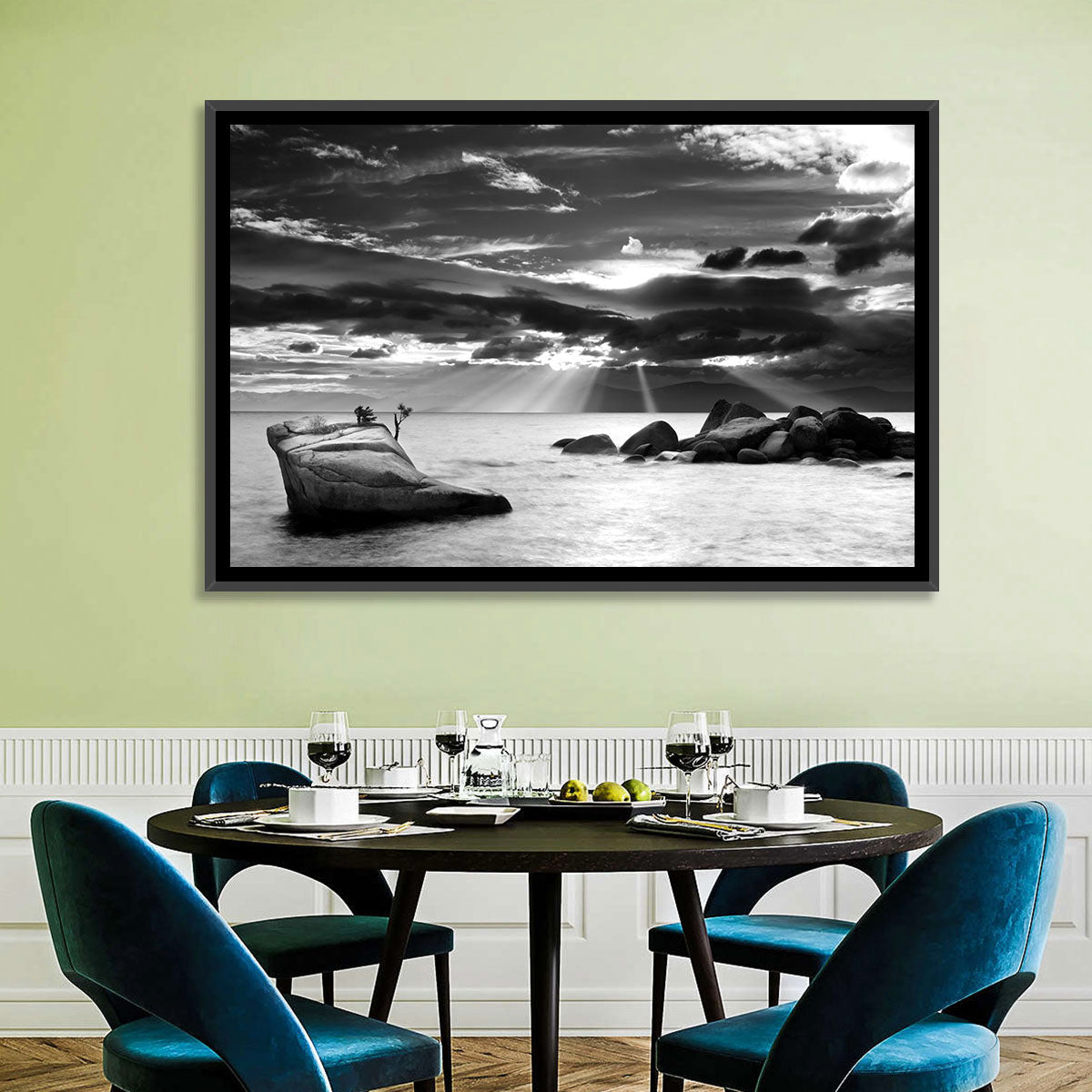 Bonsai Rock with Sunbeams Wall Art in a room, landscape