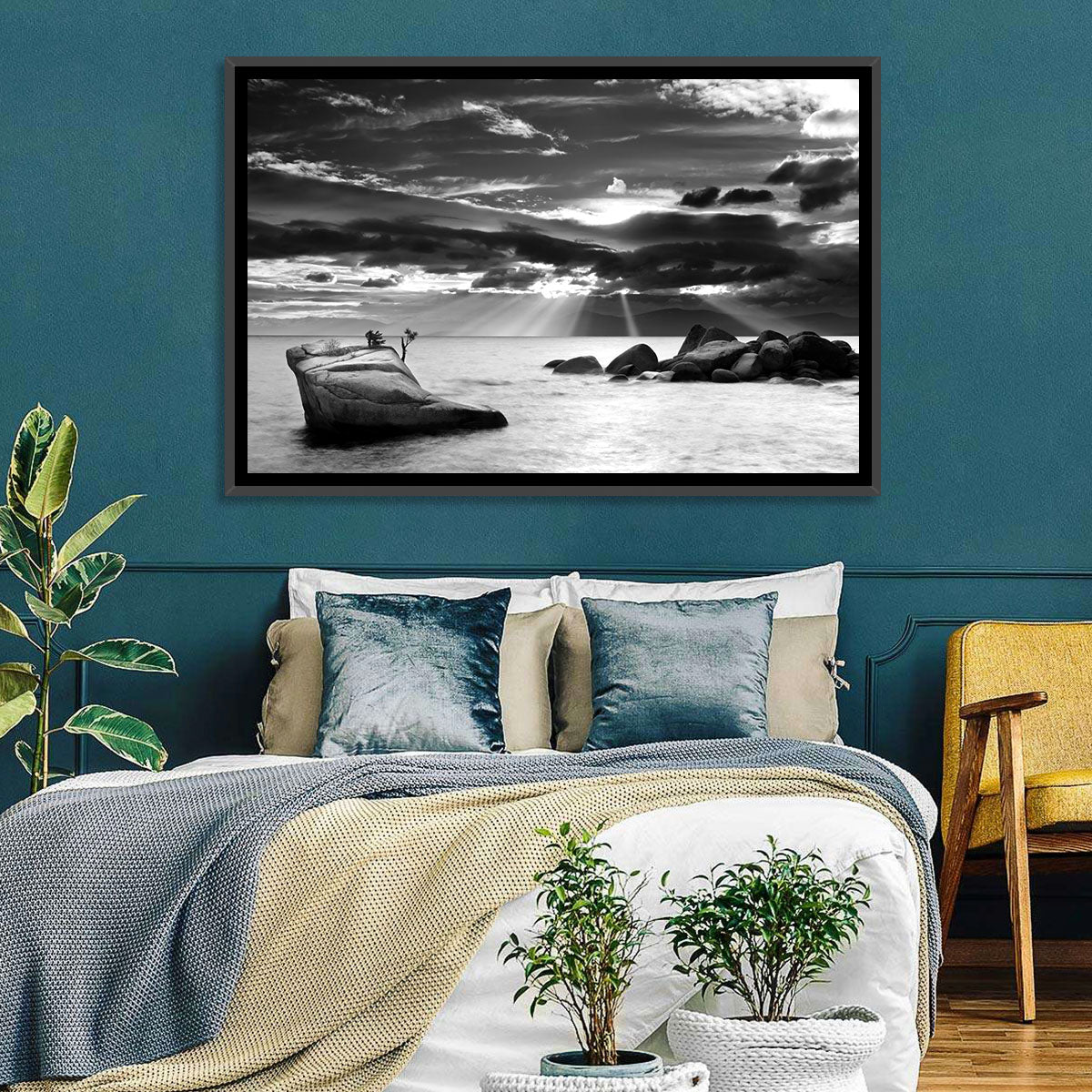 Bonsai Rock with Sunbeams Wall Art in a room, landscape
