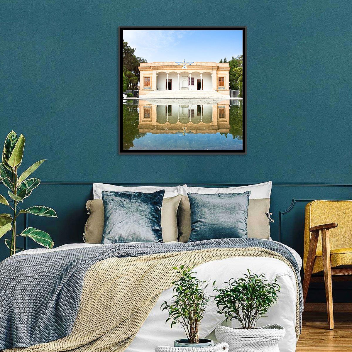 Yazd Fire Temple Reflection Wall Art in a room, landscape