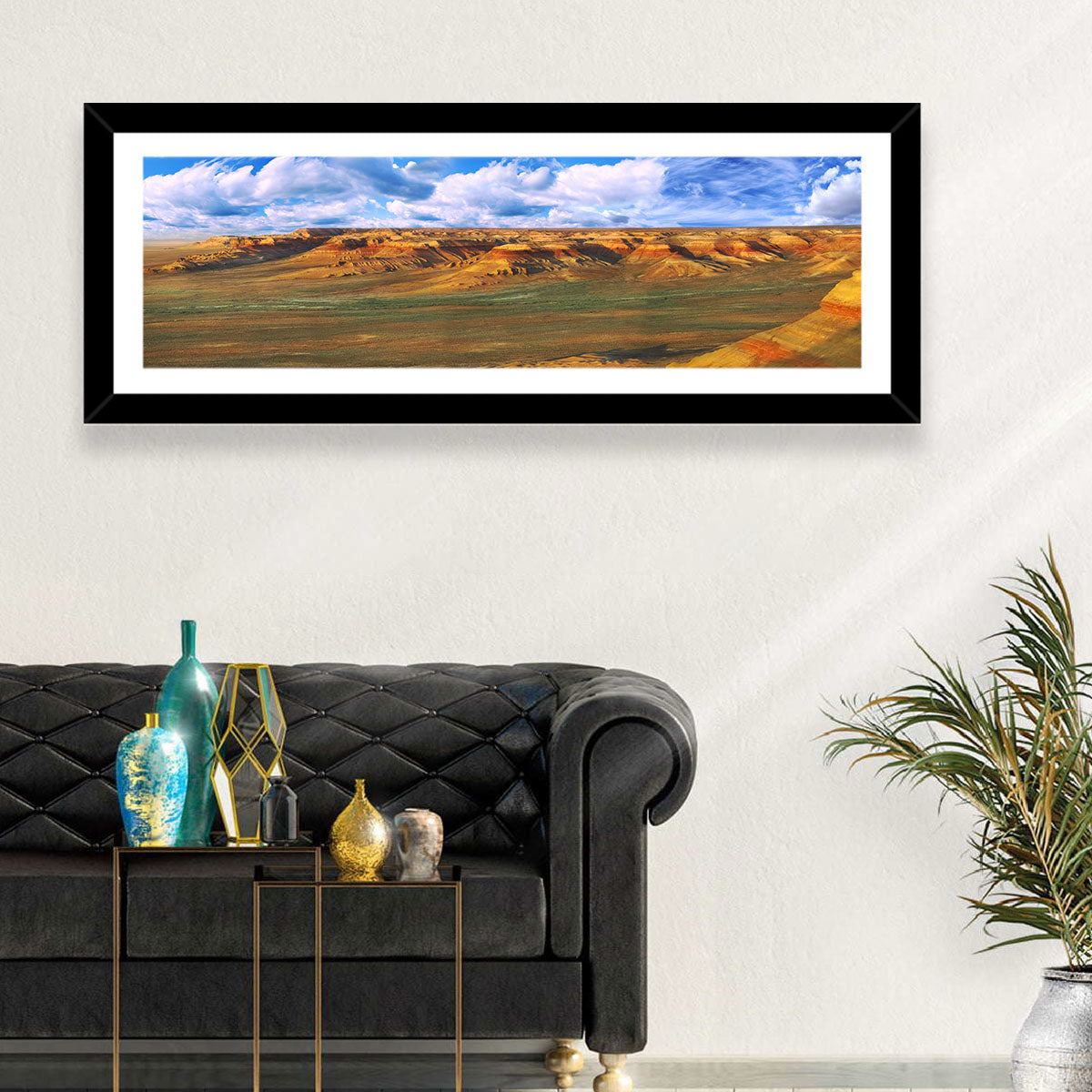 Ustyurt Plateau Cliffs Wall Art in a room, panoramic