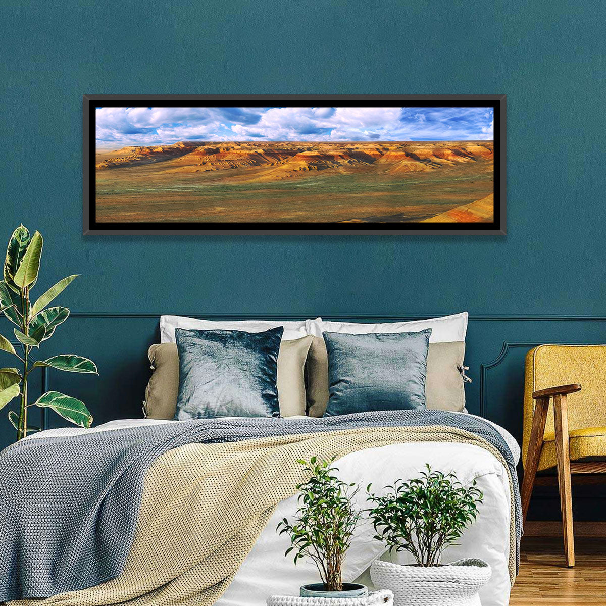 Ustyurt Plateau Cliffs Wall Art in a room, panoramic