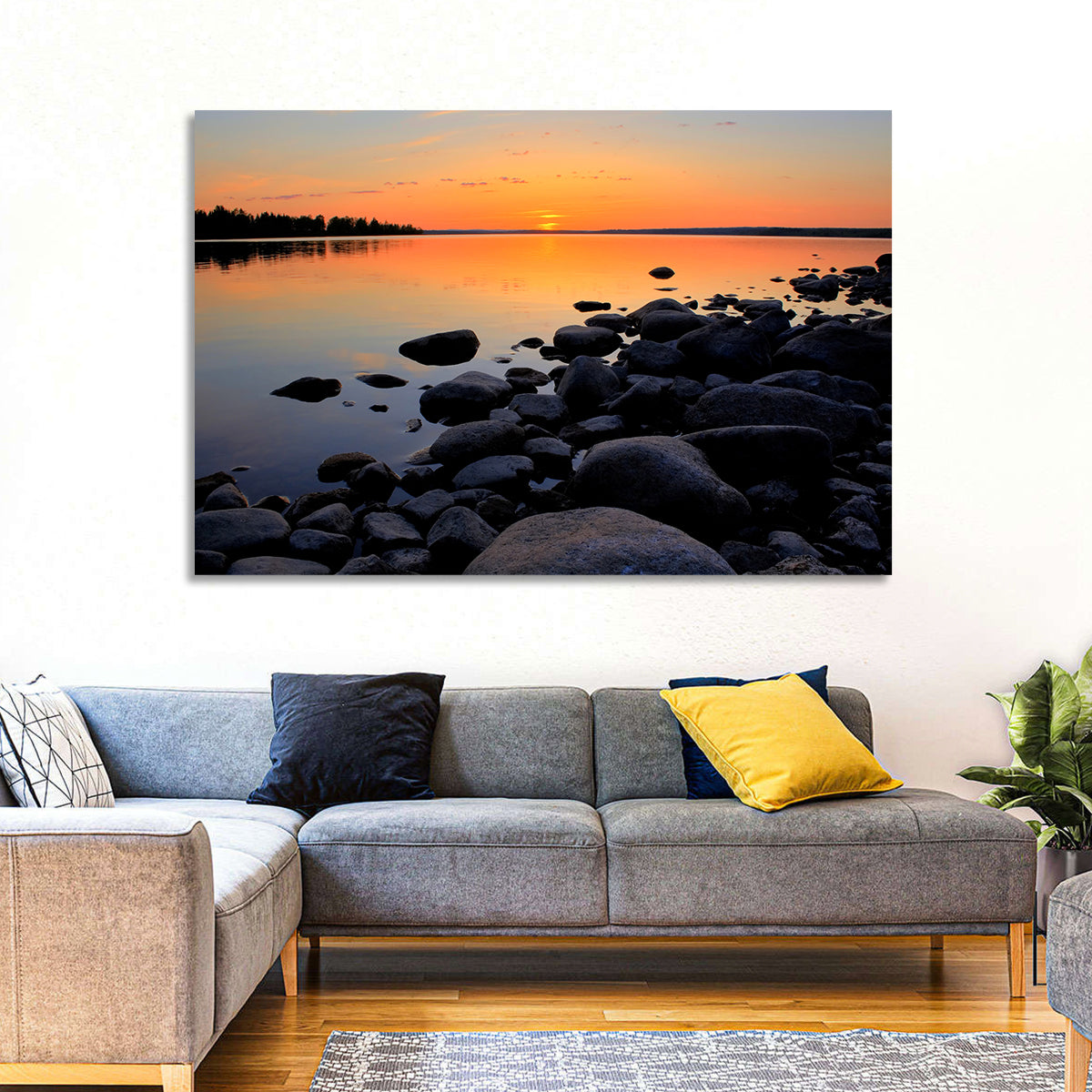 Rocky Lake Sunset Wall Art in a room, landscape