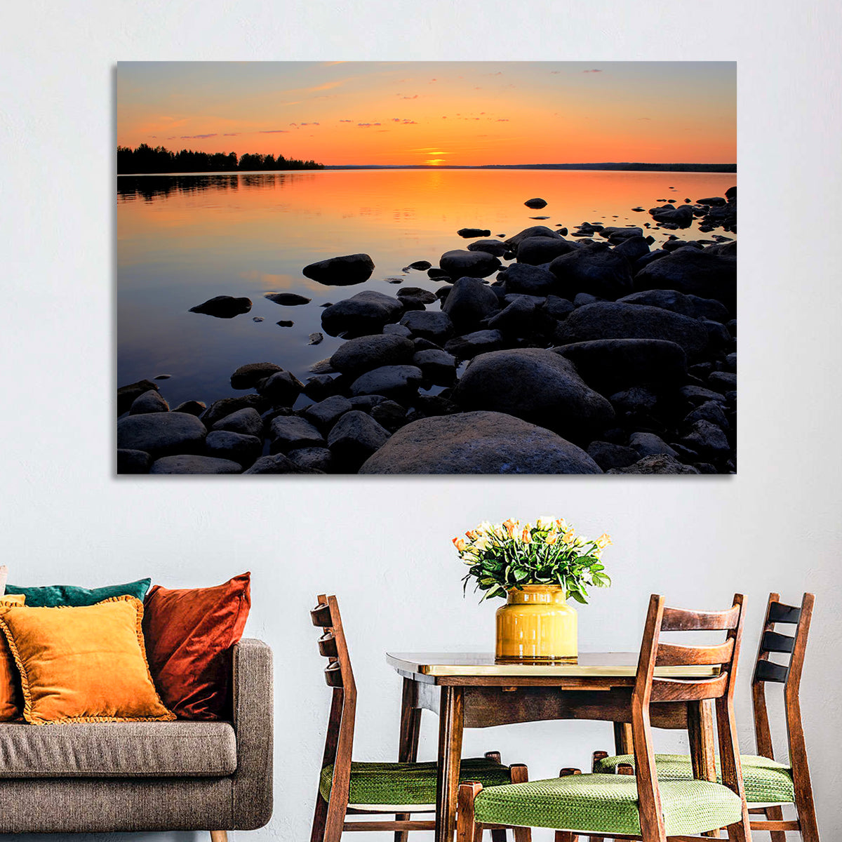 Rocky Lake Sunset Wall Art in a room, landscape