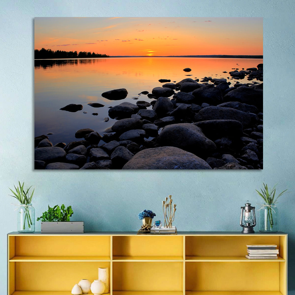Rocky Lake Sunset Wall Art in a room, landscape
