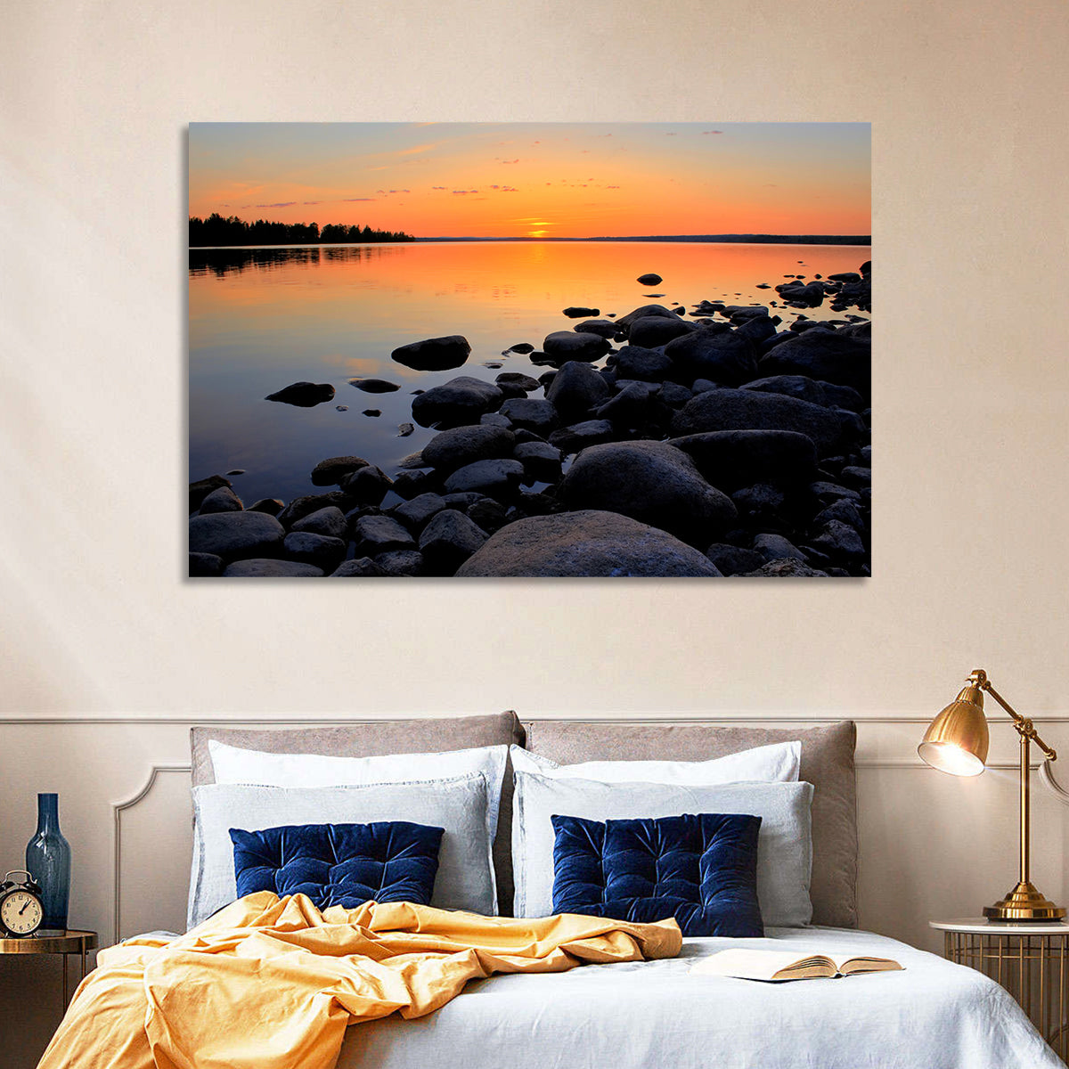 Rocky Lake Sunset Wall Art in a room, landscape