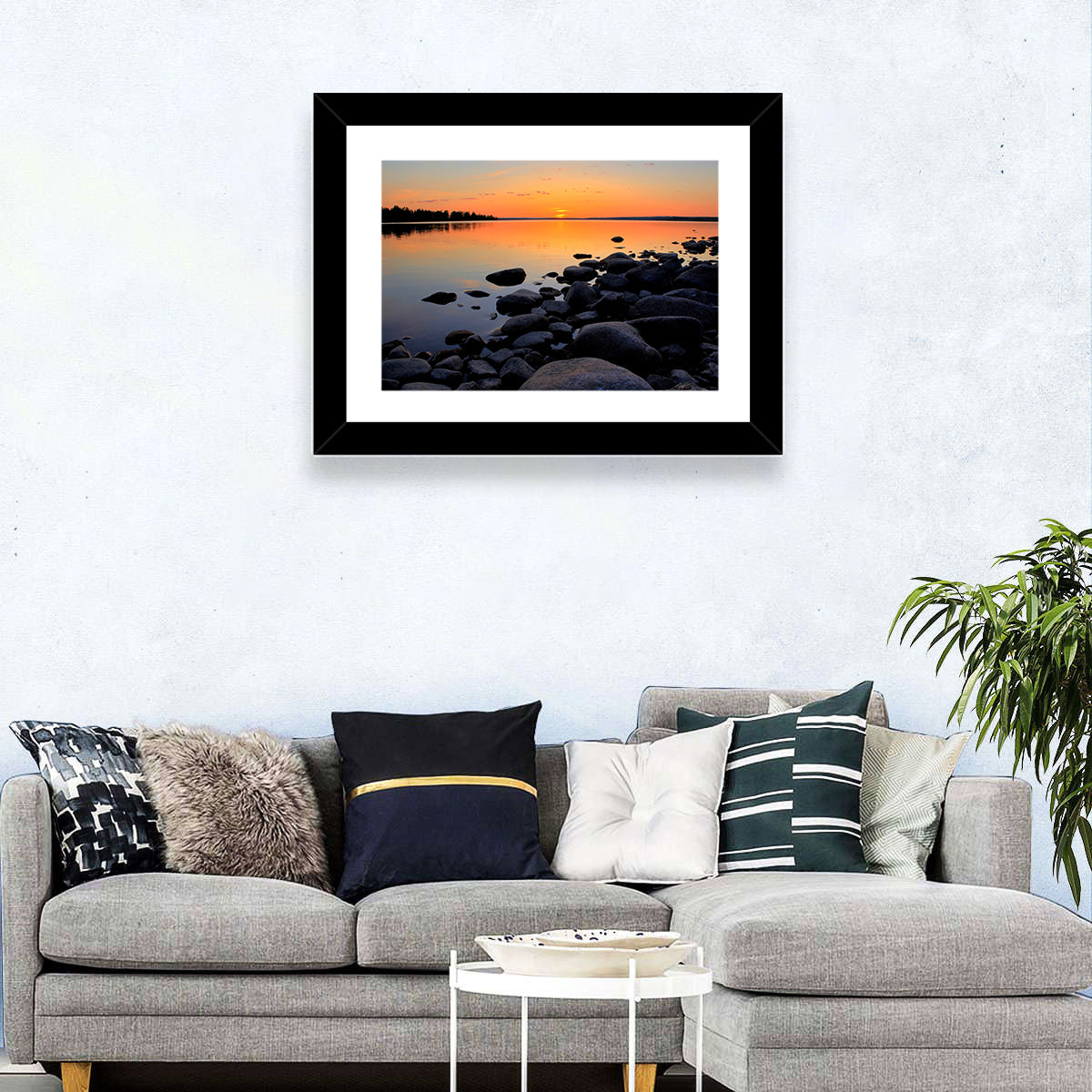 Rocky Lake Sunset Wall Art in a room, landscape