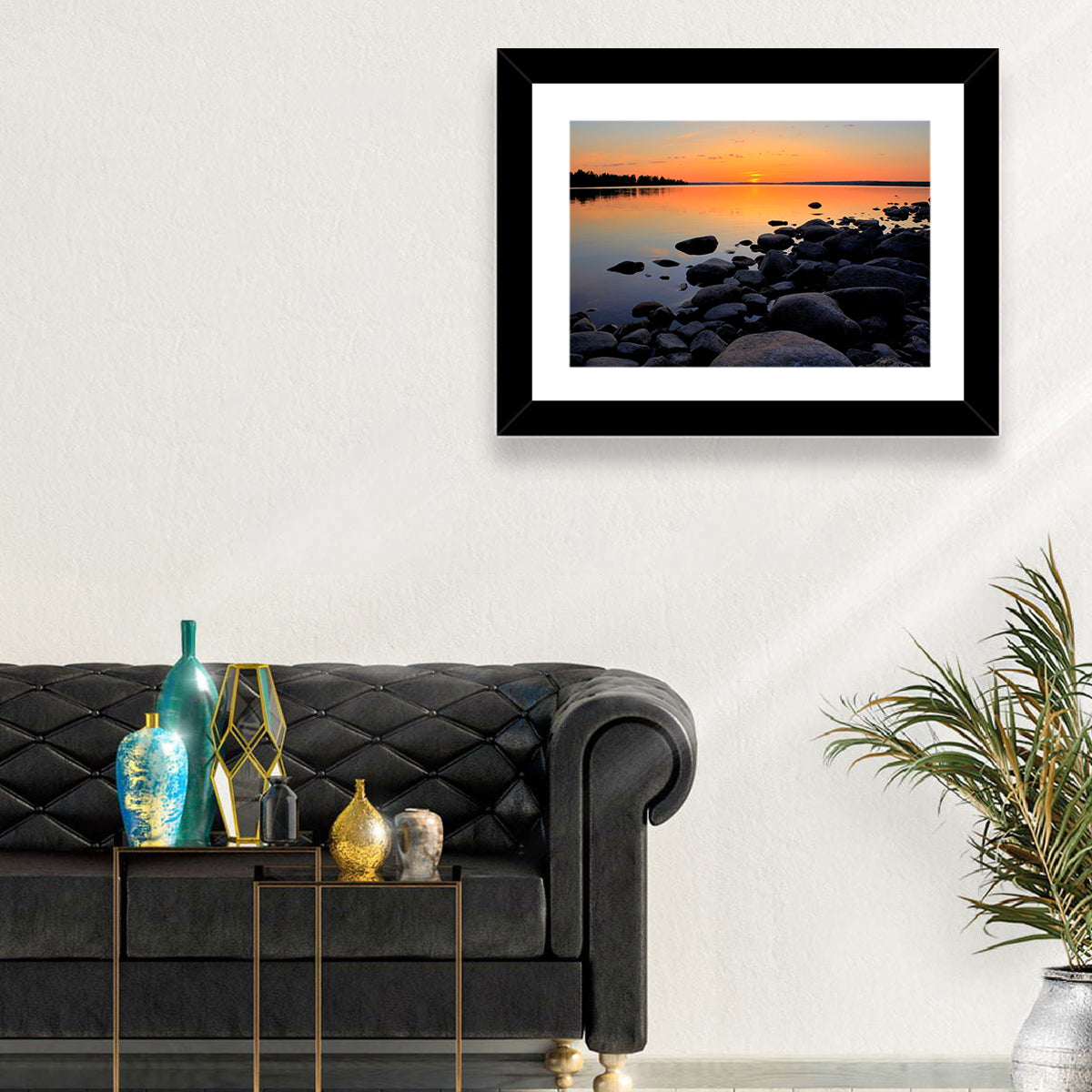 Rocky Lake Sunset Wall Art in a room, landscape
