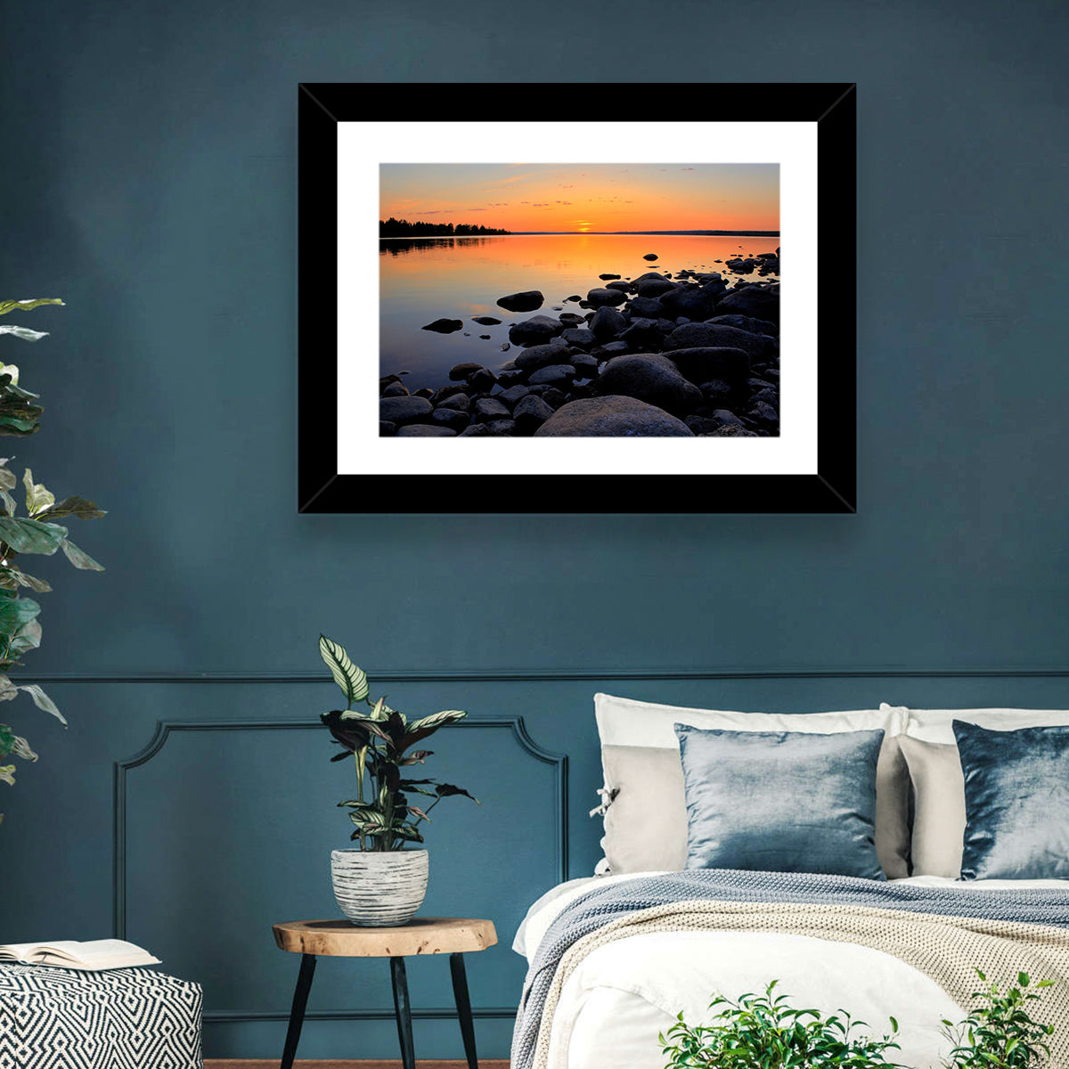 Rocky Lake Sunset Wall Art in a room, landscape