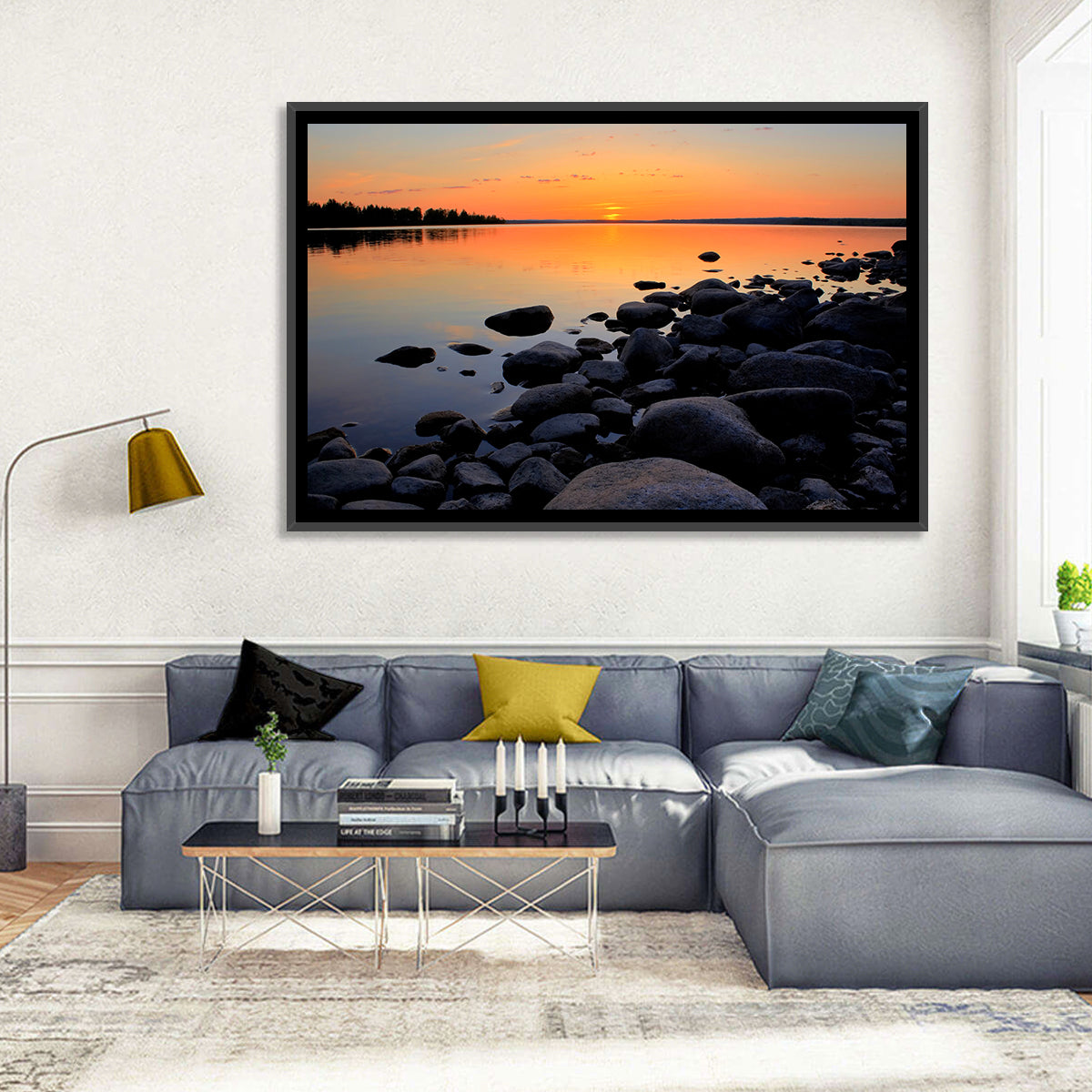 Rocky Lake Sunset Wall Art in a room, landscape
