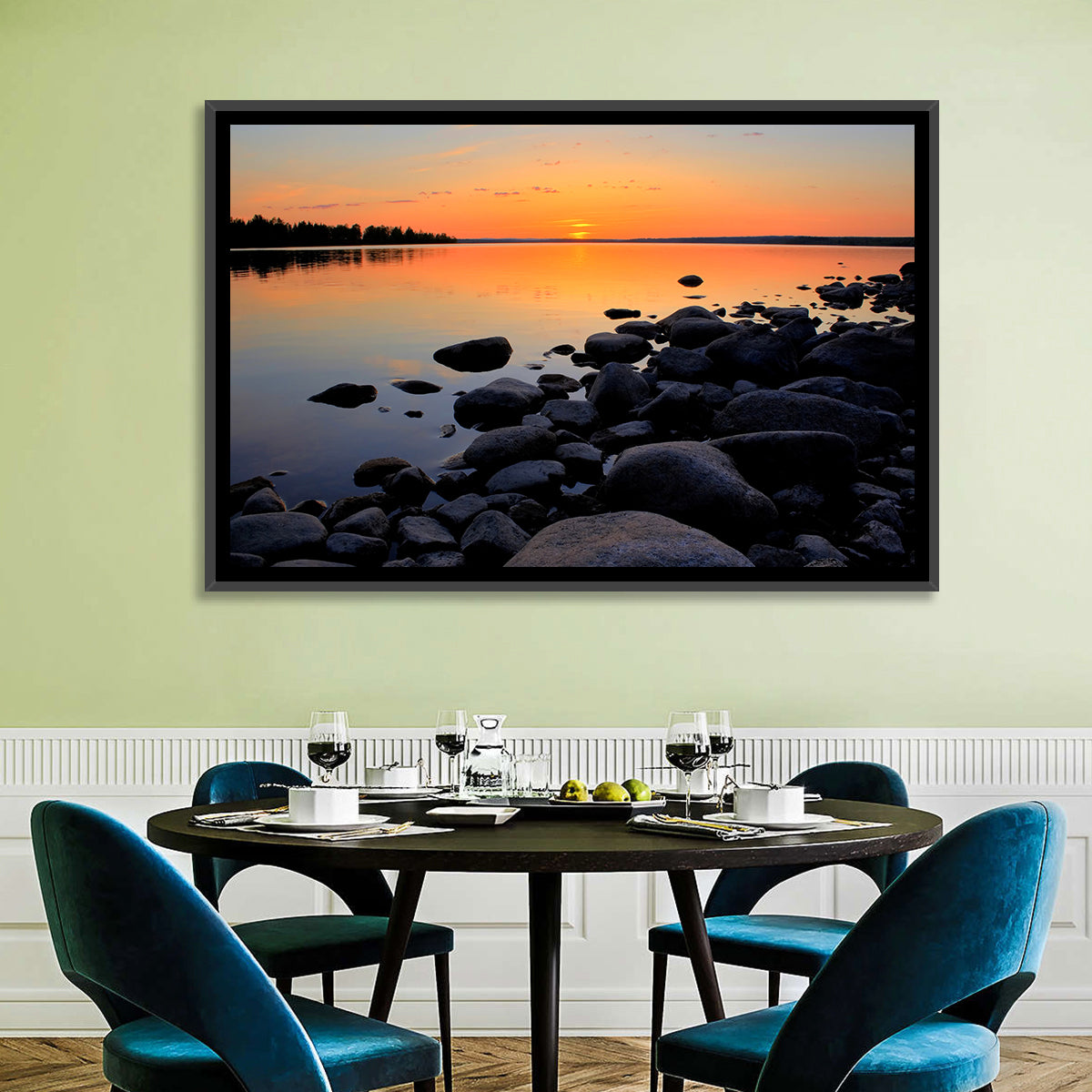 Rocky Lake Sunset Wall Art in a room, landscape