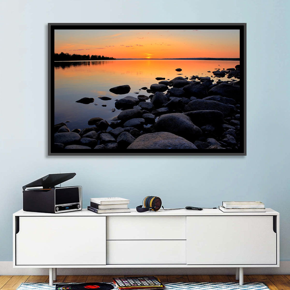 Rocky Lake Sunset Wall Art in a room, landscape