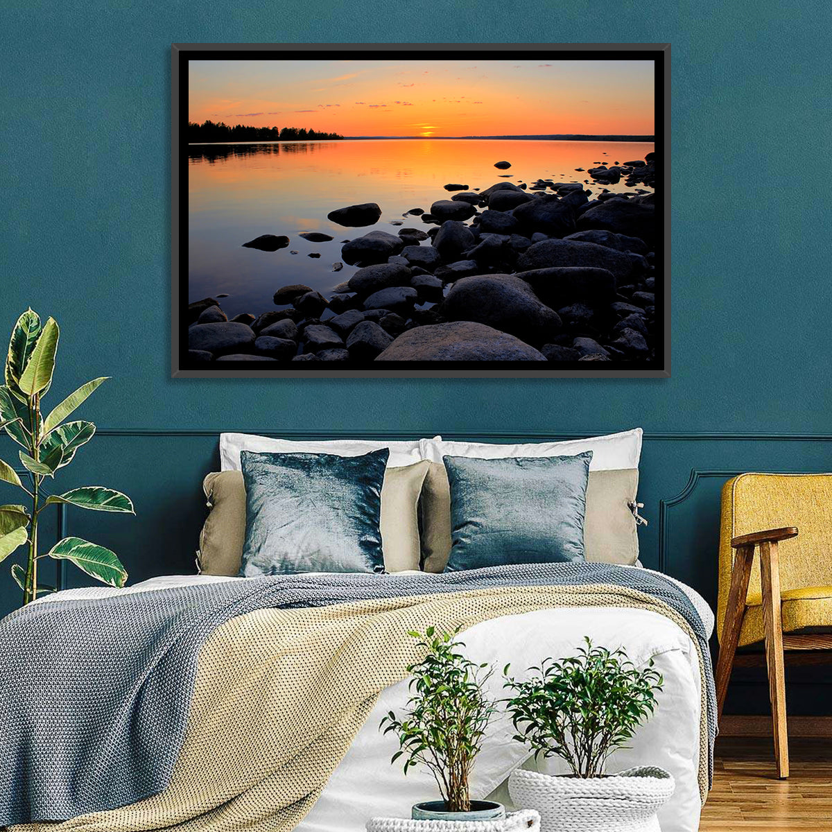 Rocky Lake Sunset Wall Art in a room, landscape