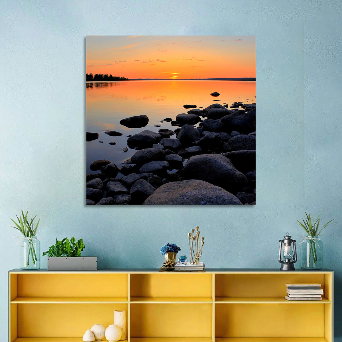 Rocky Lake Sunset Wall Art in a room, landscape