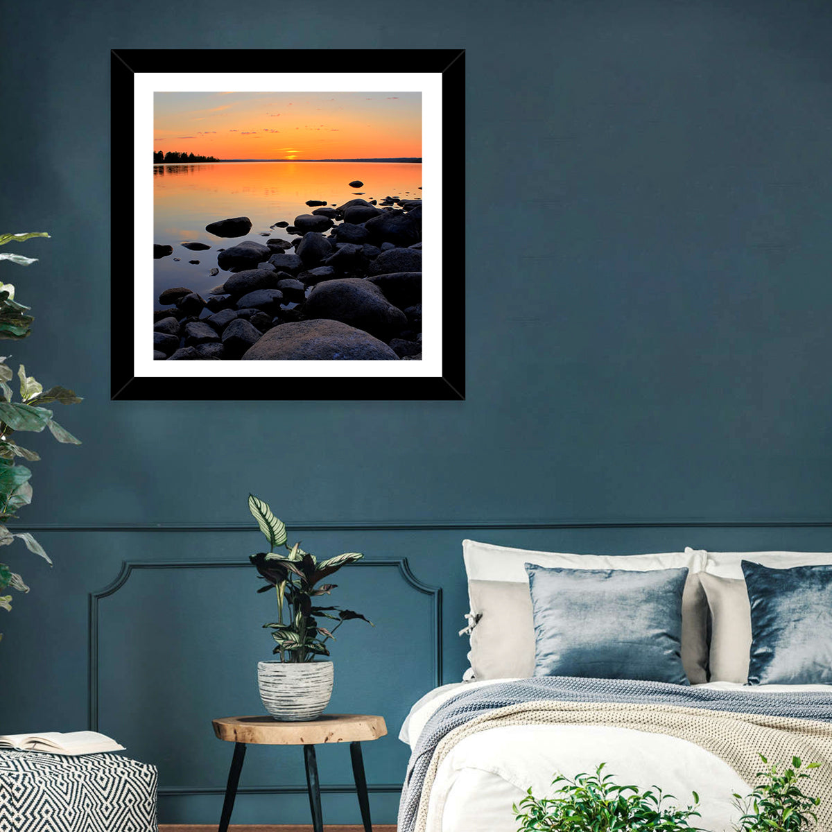 Rocky Lake Sunset Wall Art in a room, landscape