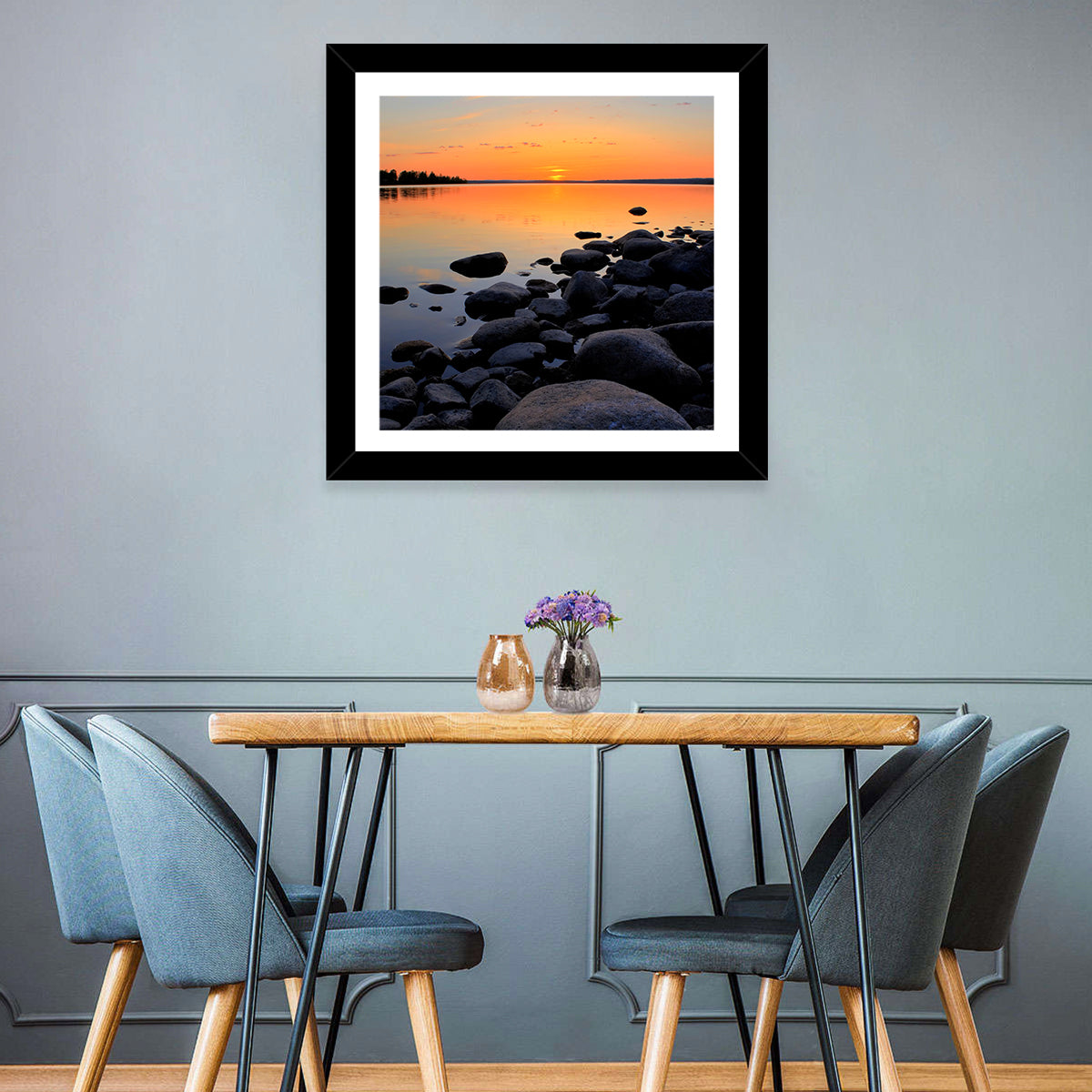 Rocky Lake Sunset Wall Art in a room, landscape