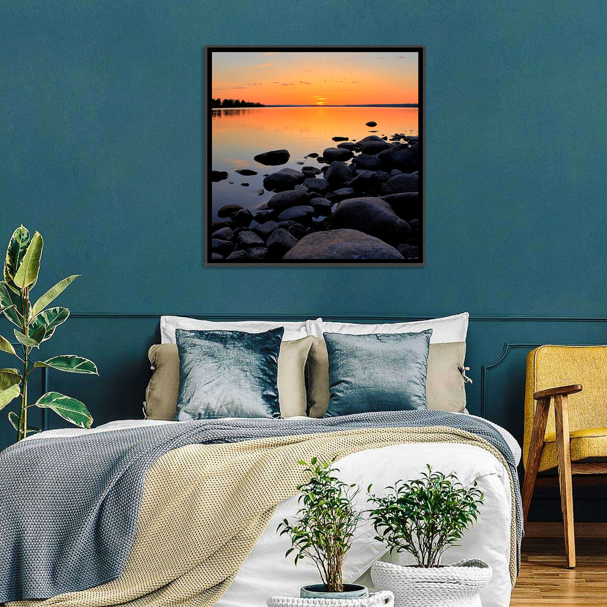 Rocky Lake Sunset Wall Art in a room, landscape