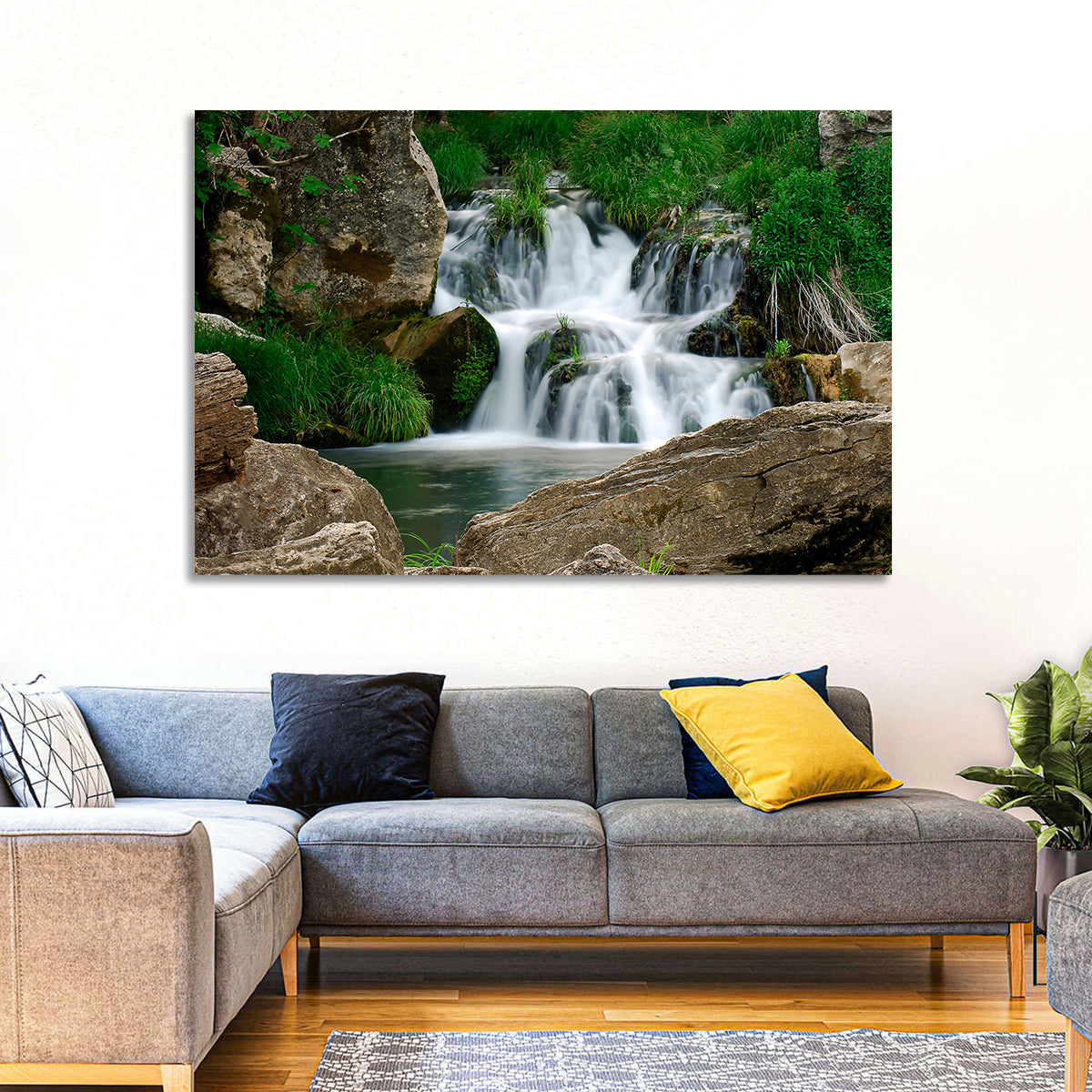 Moss Covered Rocky Waterfall Wall Art in a room, landscape