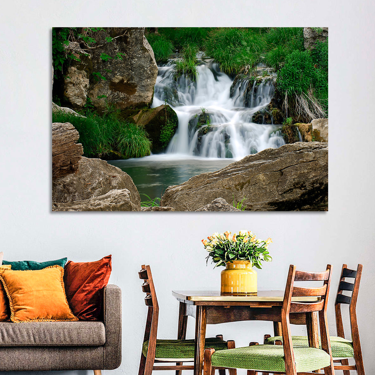 Moss Covered Rocky Waterfall Wall Art in a room, landscape