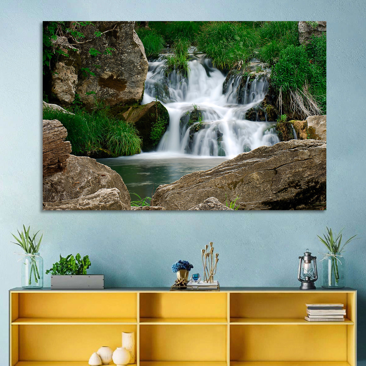 Moss Covered Rocky Waterfall Wall Art in a room, landscape