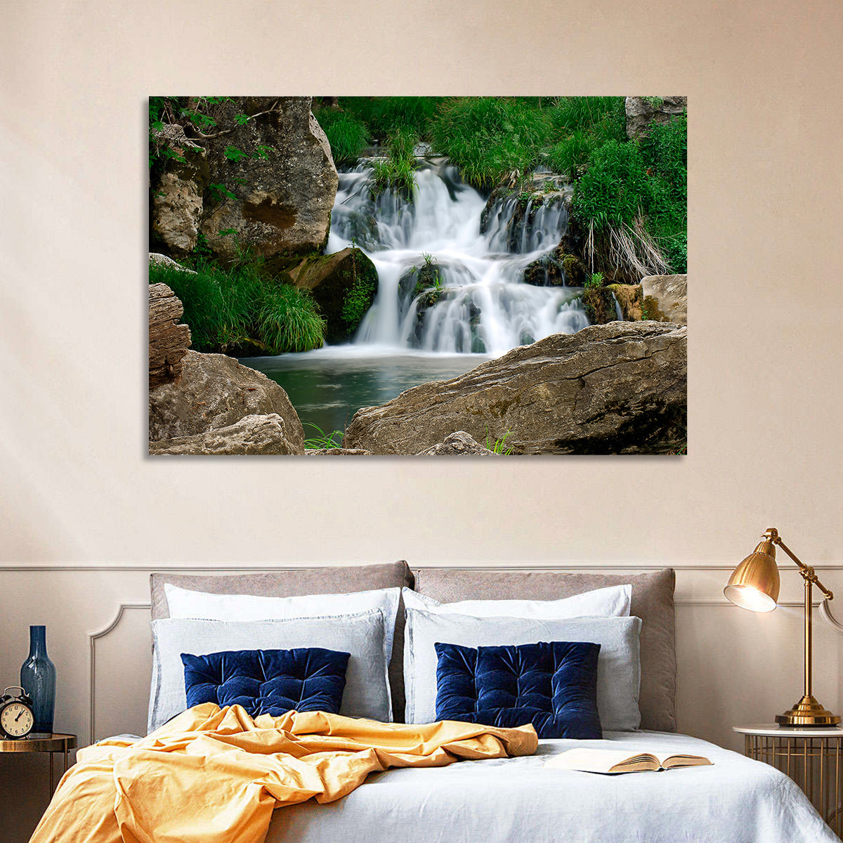 Moss Covered Rocky Waterfall Wall Art in a room, landscape